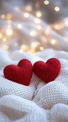 Fototapeta premium Close-up of two red knitted hearts on a white fabric with a blurred background with bokeh lights. Red hearts in celebration of&nbsp;love&nbsp;and&nbsp;unity.