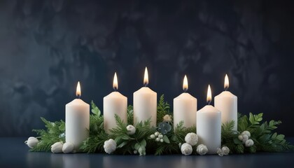 Dark blue background with a few white candles and some greenery, greenery, nature