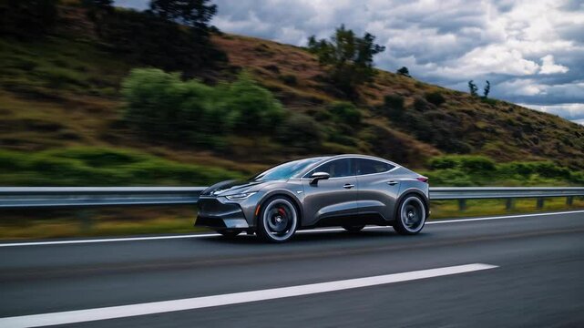 Future electric car moving on city highway nature landscape. Autonomous driving concept. Modern transportation and innovation. Artificial intelligence technology concept. Ai system