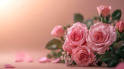 Pink roses bouquet, romantic setting, soft light, peach background, perfect for Valentine's or Mother's Day cards