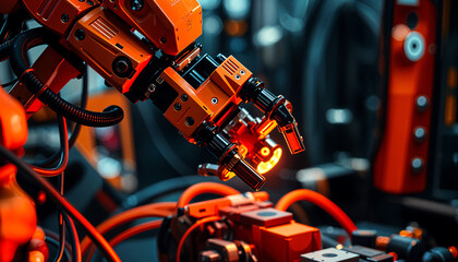 Close-up of a robotic arm assembling tech