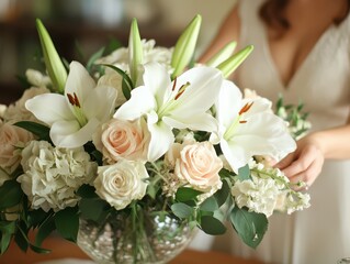 Female florist creating a floral wedding centerpiece with white lilies and soft pink roses, meticulous and graceful in elegant, soft lighting