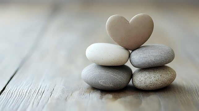 Heart-shaped stone on balanced pebbles, wooden background; serenity, balance, love concept; ideal for wellness websites or meditation apps