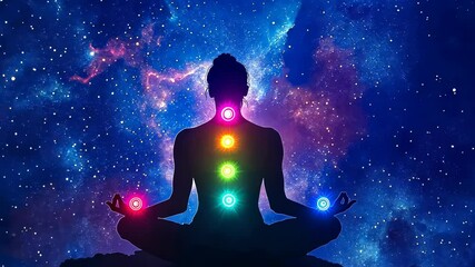 Silhouetted individual meditating cosmic backdrop,chakra points aglow.Figure centered amid vibrant galaxy representation,stars gleaming.person adopts serene pose enhancing peacefulness