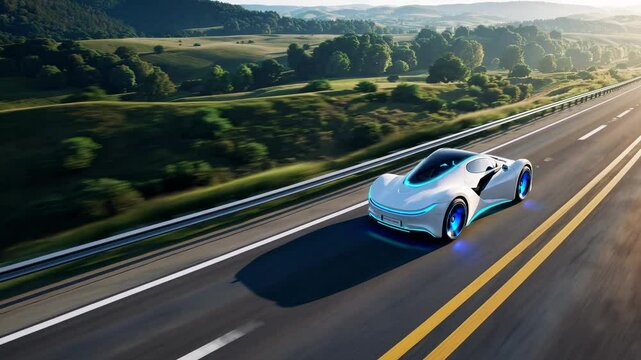 Future electric car moving on city highway nature landscape. Autonomous driving concept. Modern transportation and innovation. Artificial intelligence technology concept. Ai system
