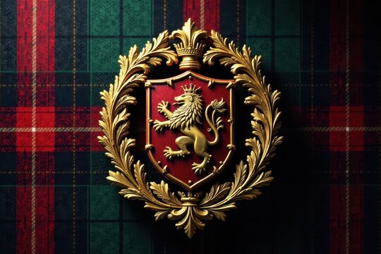 Scottish clan crest with Royal Stewart tartan, geometric, crest