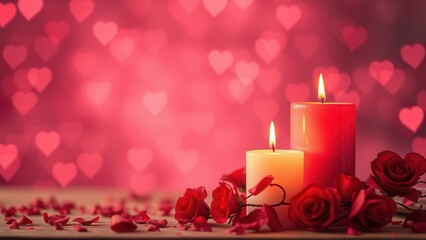 Romantic background with candles and rose petals.