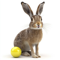 Fototapeta premium Brown hare sitting beside a yellow sphere.