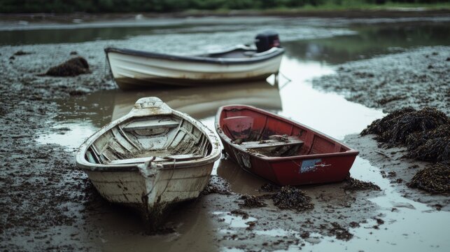 Abandoned boats rest on muddy shores, their worn hulls speaking stories of journeys past, surrounded by mossy textures and low tides.