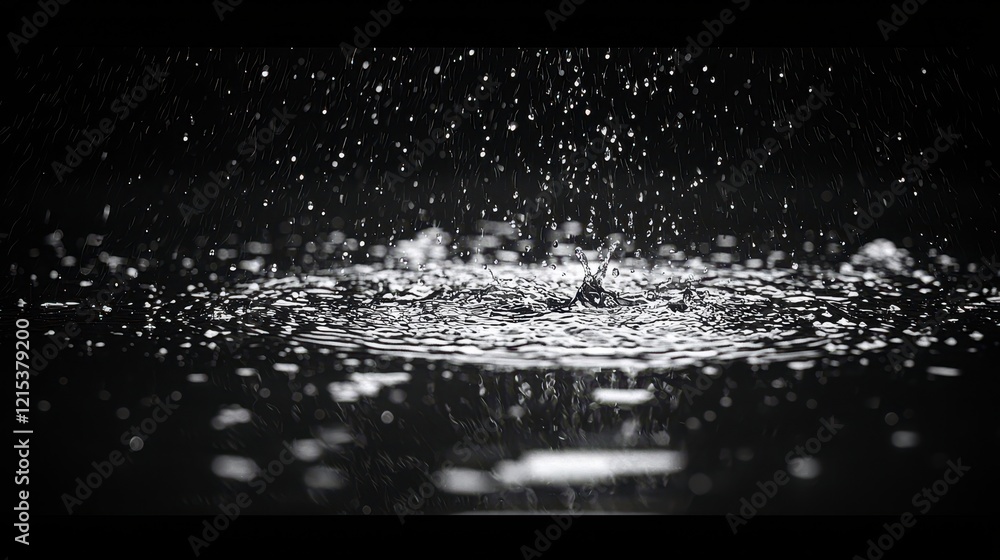 Poster water droplets splashing on a dark surface, creating concentric ripples and spray.