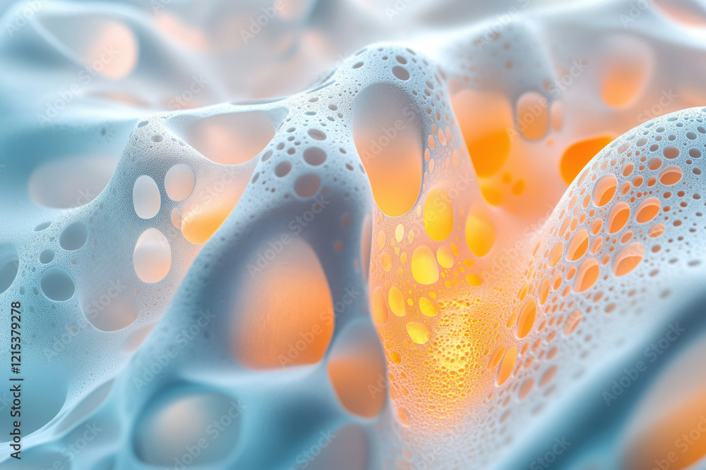 Poster abstract 3d render of a porous, organic-like structure with glowing orange inner cavities.