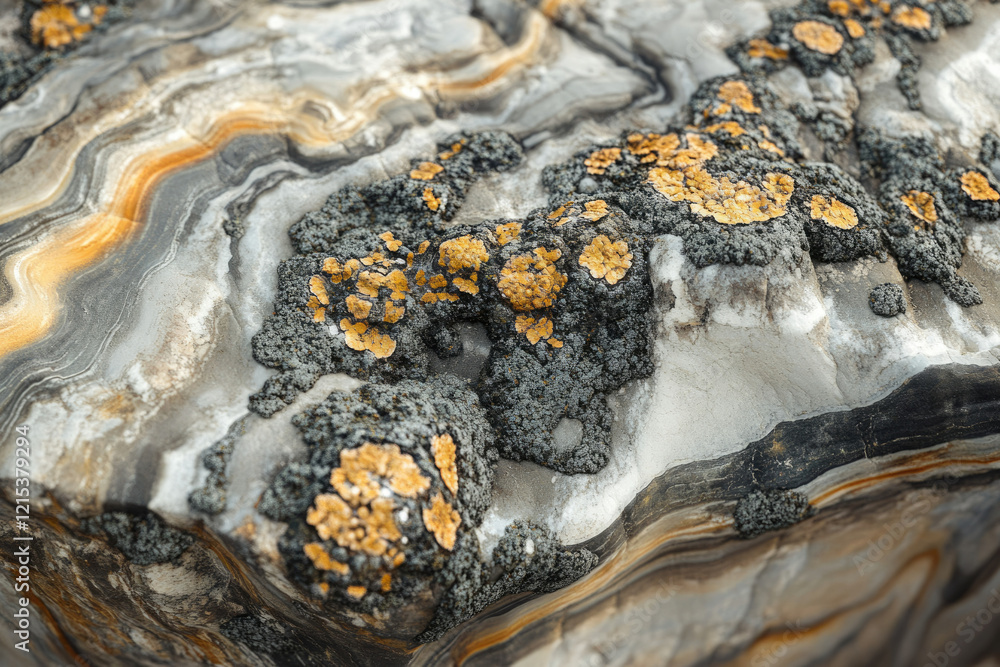 Poster striped rock surface with grey and orange layers textured with yellow lichen.