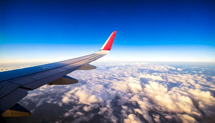 Fototapeta premium Stunning aerial view of a plane wing soaring above a breathtaking sea of clouds. Perfect for travel, aviation, or freedom-themed projects.