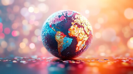 Colorful pixelated Earth globe on celebratory confetti, bokeh background. Global connection, sustainability concept