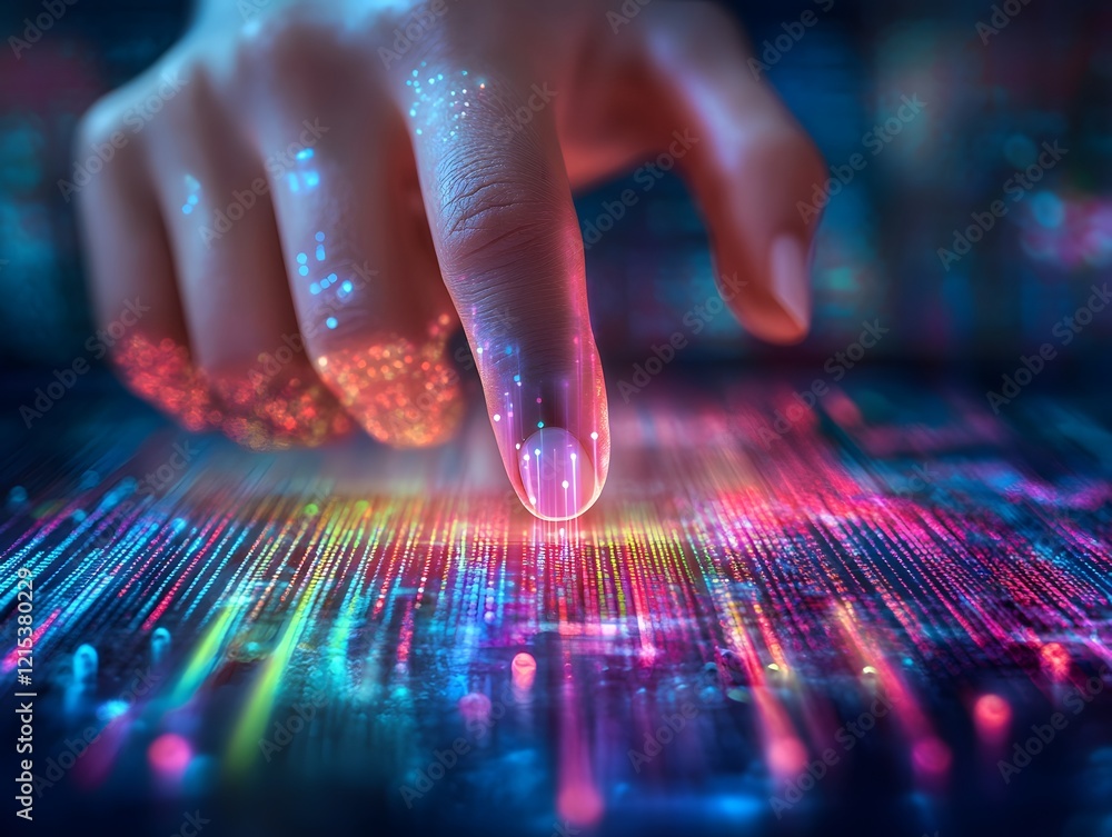 Poster a close-up of a hand interacting with a vibrant, digital display. the scene is illuminated with colo
