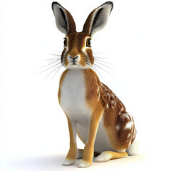 Fototapeta premium Brown hare sitting, detailed fur, white background.