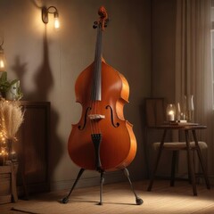 Double bass on stool with warm and cozy lighting, relaxation ambiance, soothing decor, warm lighting