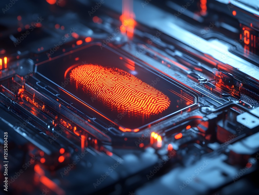 Poster a close-up view of a futuristic fingerprint scanner illuminated with neon lights, showcasing advance
