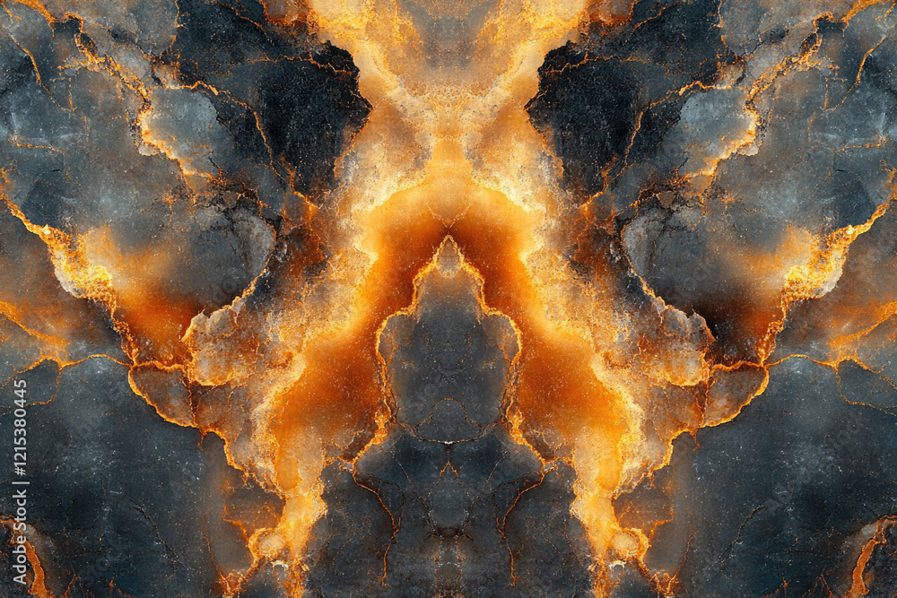 Poster abstract symmetrical image of dark gray and orange marble texture resembling fiery veins.