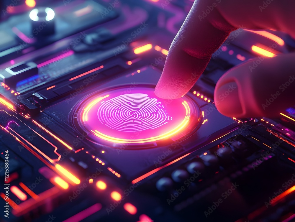 Poster a close-up view of a futuristic interface, showcasing a glowing fingerprint sensor being activated b