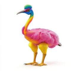 Obraz premium Rainbow-hued bird, fluffy pink body, yellow legs.