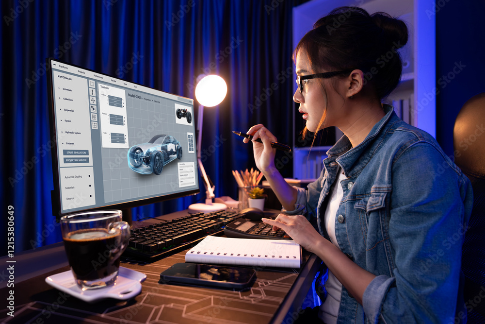 Poster electric car design software on computer screen showing simulation blueprint brisk by digital calcul