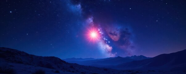 Starry night sky with a bright star in the center, galaxy, astronomy