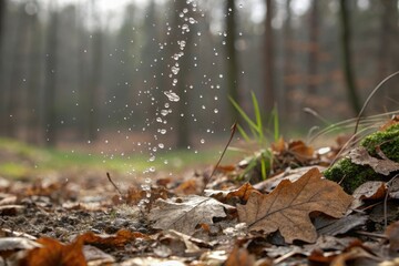 Obraz premium Droplets of water falling from the sky onto dry leaves on a forest floor, autumn, droplets, nature, foliage