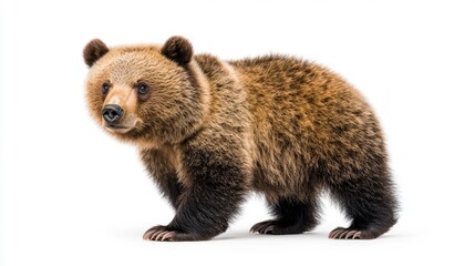 Adorable Grizzly Bear Cub Facing Forward on White Background