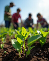 Regenerative farming works on small scale organic farming, city agriculture, plants planted in fresh plow ground, people planting leaf vegetables ,Community Gardens for Health and team building,