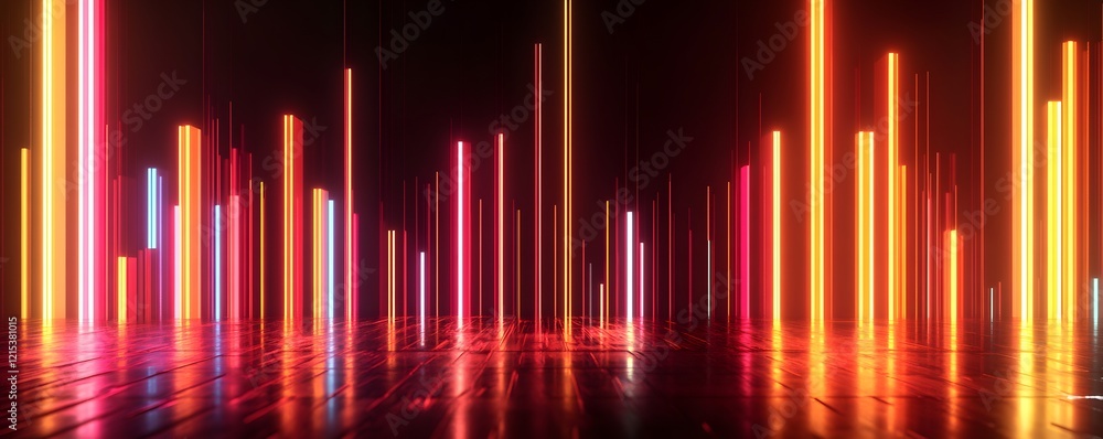 Poster a dynamic and vibrant display of colorful light bars in a dark setting, creating an electrifying vis