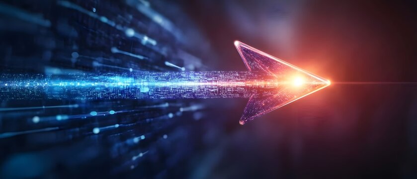 A dynamic visualization of speed and progress, featuring a glowing arrow composed of vibrant particles, symbolizing innovation and forward momentum in the digital era.