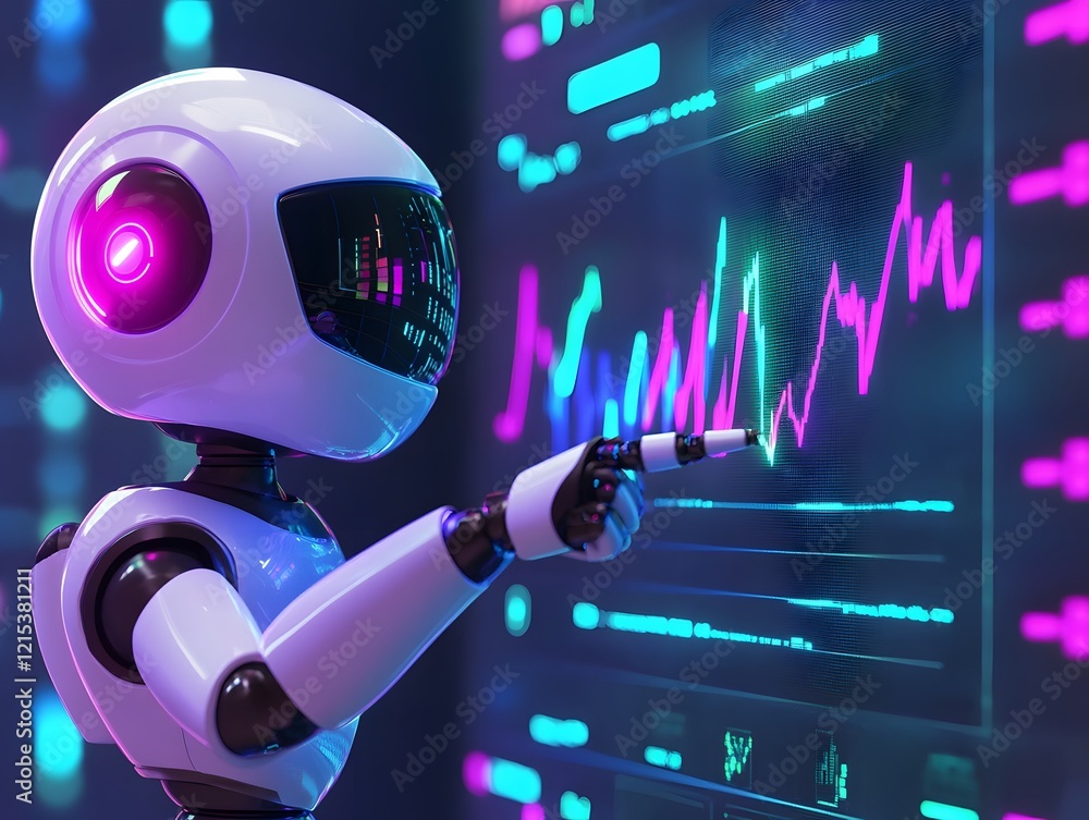 Aufkleber a futuristic robot interacts with digital data displays, showcasing advanced analysis capabilities