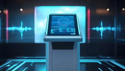 Fototapeta premium A futuristic digital kiosk displaying advanced technology features in a modern, high-tech environment. The vibrant blue tones enhance the innovative atmosphere of the scene.