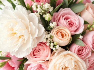 Obraz premium Elegant pink and white floral arrangement with roses, peonies, and carnations, white, feminine, chic