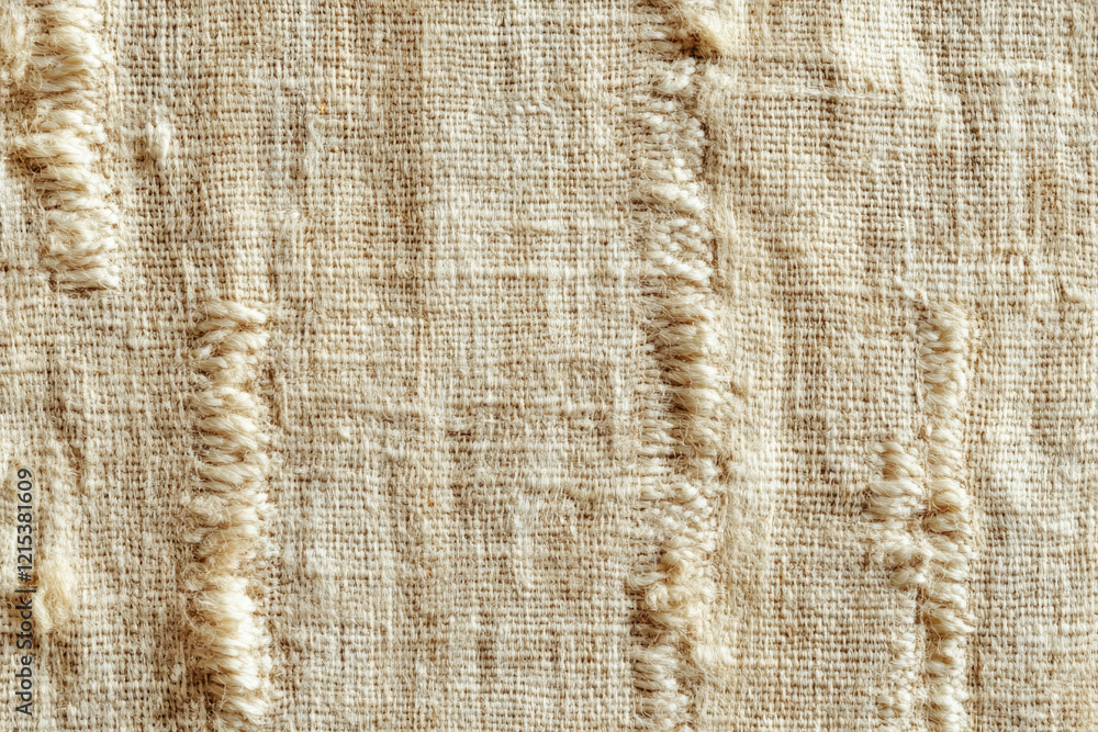 Aufkleber close-up of beige linen fabric with visible texture and frayed edges.