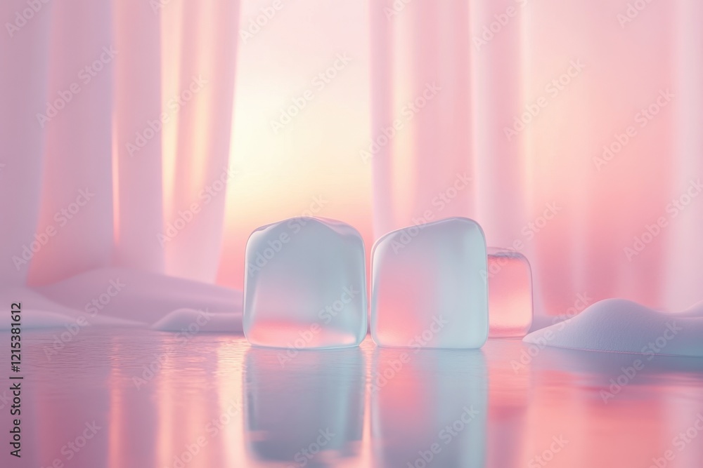 Poster soft pastel colors reflect on ice cubes in a serene setting with gentle draping fabric