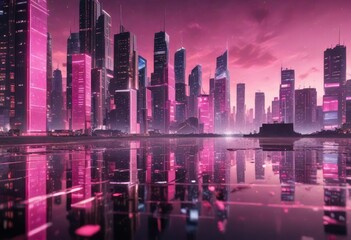 Empty space filled with pink pixels and futuristic city lights , futuristic city, neon lights, city lights
