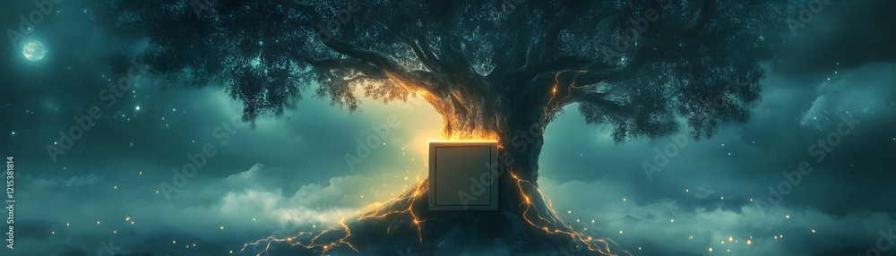 Poster a mystical tree glows softly in a nighttime landscape, with a mysterious box nestled among its roots