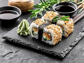 Minimalist sushi rolls served on a black slate platter with soy sauce and wasabi
