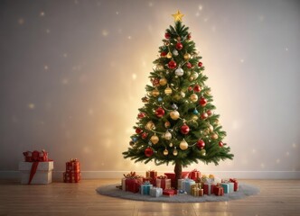 Fir Christmas tree decorated with fairy lights and festive ornaments, holiday spirit, winter wonderland, holiday decoration