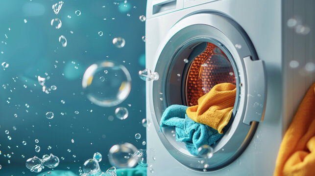 Washing machine in action: laundry inside and water bubbles splashing