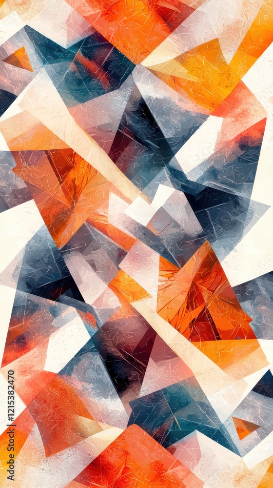 Poster dynamic cubist art piece featuring geometric patterns and vibrant gradients abstract composition con