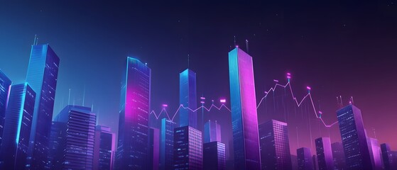 Fototapeta premium A vibrant city skyline featuring futuristic skyscrapers illuminated in neon colors, showcasing a mixture of modern architecture and digital elements that represent growth and innov