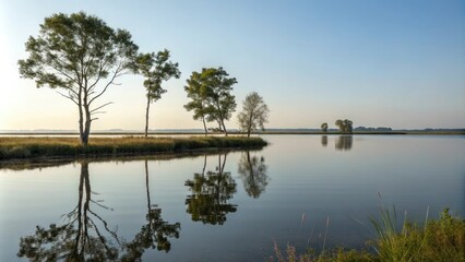 Obraz premium Flat calm water reflects the simple shapes of nearby trees, nature, minimalist, reflection, modern