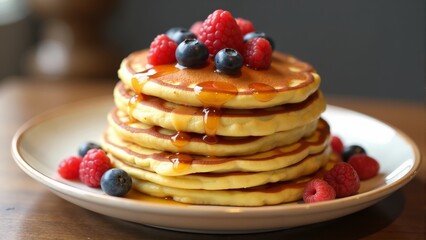Fluffy pancakes stacked high with fresh berries and syrup at a cozy breakfast spot