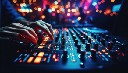 DJ mixing console, colorful bokeh lights, nightclub atmosphere, close-up of hands, audio equipment, electronic music, vibrant colors, neon glow, musical performance, party ambiance, professional audio