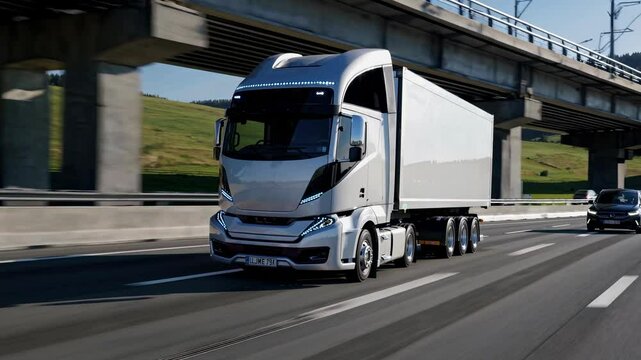 Future electric truck with cargo trailer driving on the highway. Futuristic autonomous vehicle concept. Logistics and driverless freight transportation. Smart AI system and vehicle technology