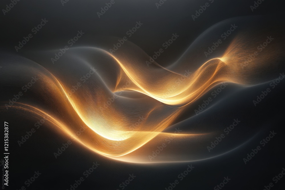 Poster flowing waves of light create an abstract design with golden hues in dark background