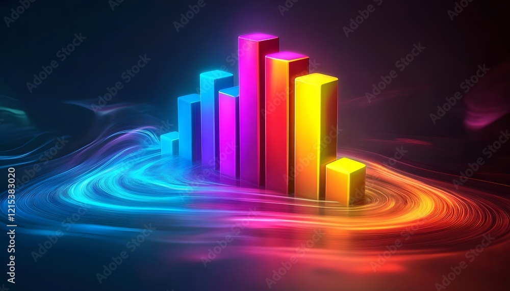 Poster an abstract digital representation of data visualization featuring colorful bars against a vibrant b